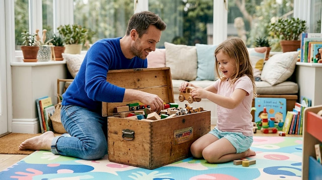 Parent and child choosing toys in living room
