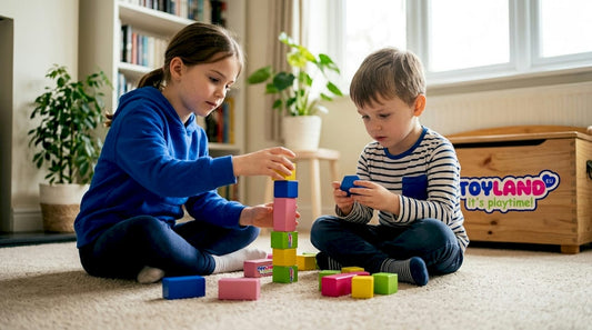 Children build blocks together on living room rug