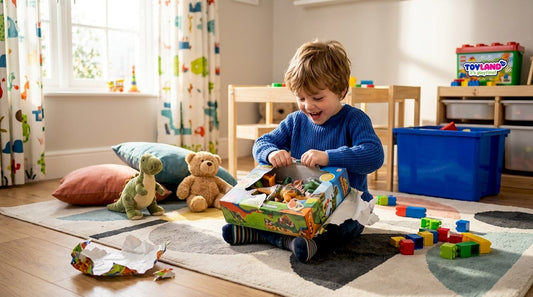 Child opening themed toy gift set on rug