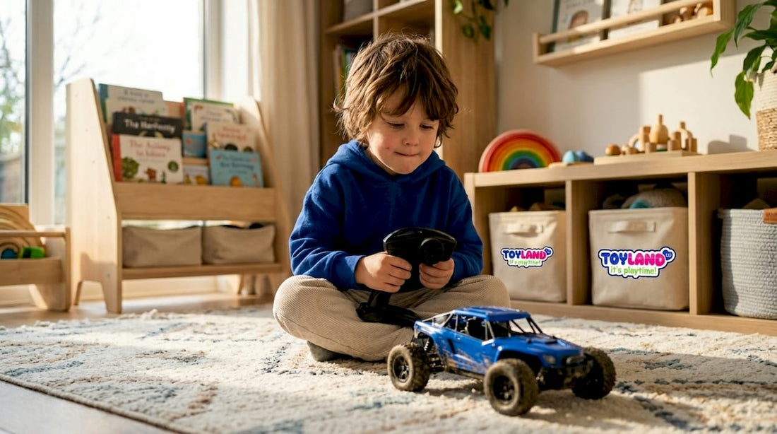 Child playing with remote control car indoors