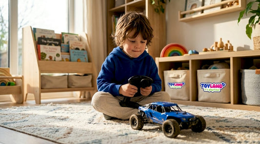 Child playing with remote control car indoors