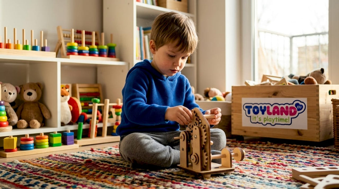 Child playing curiously with educational toys