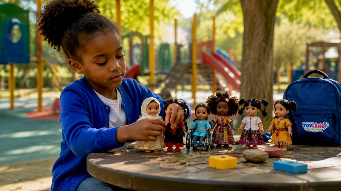 Girl playing with diverse cultural dolls
