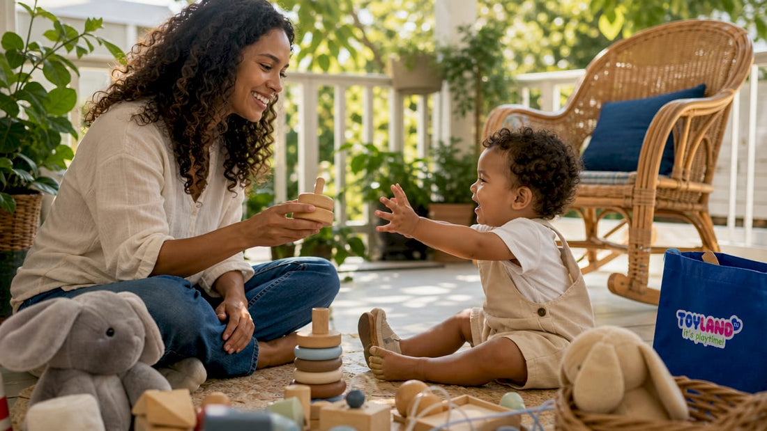 Mother and toddler playing with eco-friendly toys