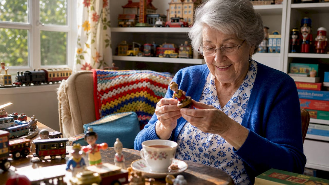 Elderly woman examining vintage toys at home