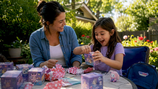 Parent and child unboxing toy at kitchen table