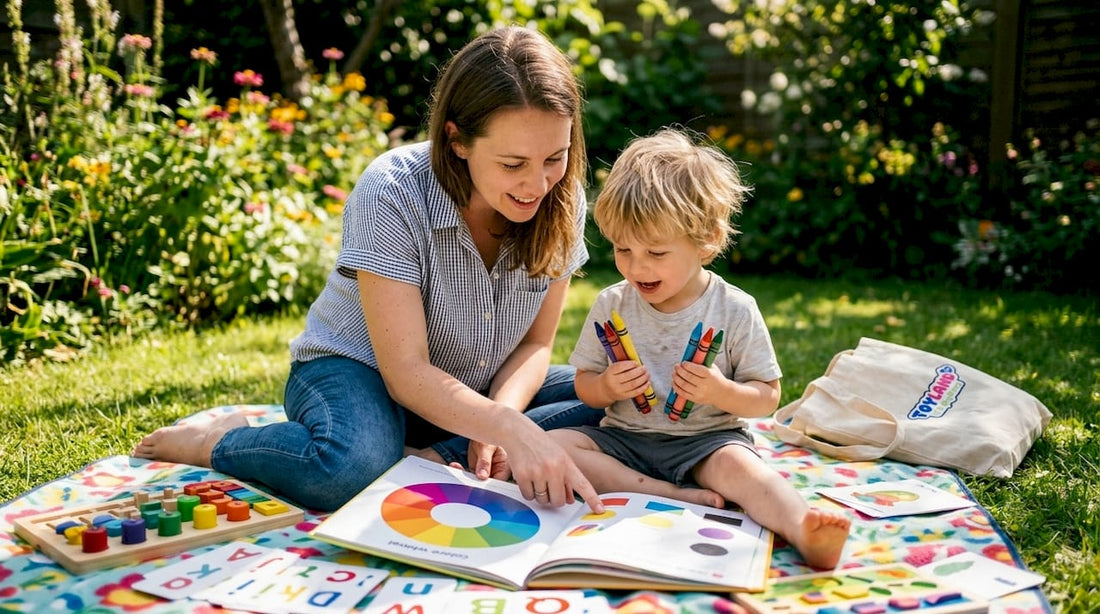Mother and child engaging with colorful learning tools