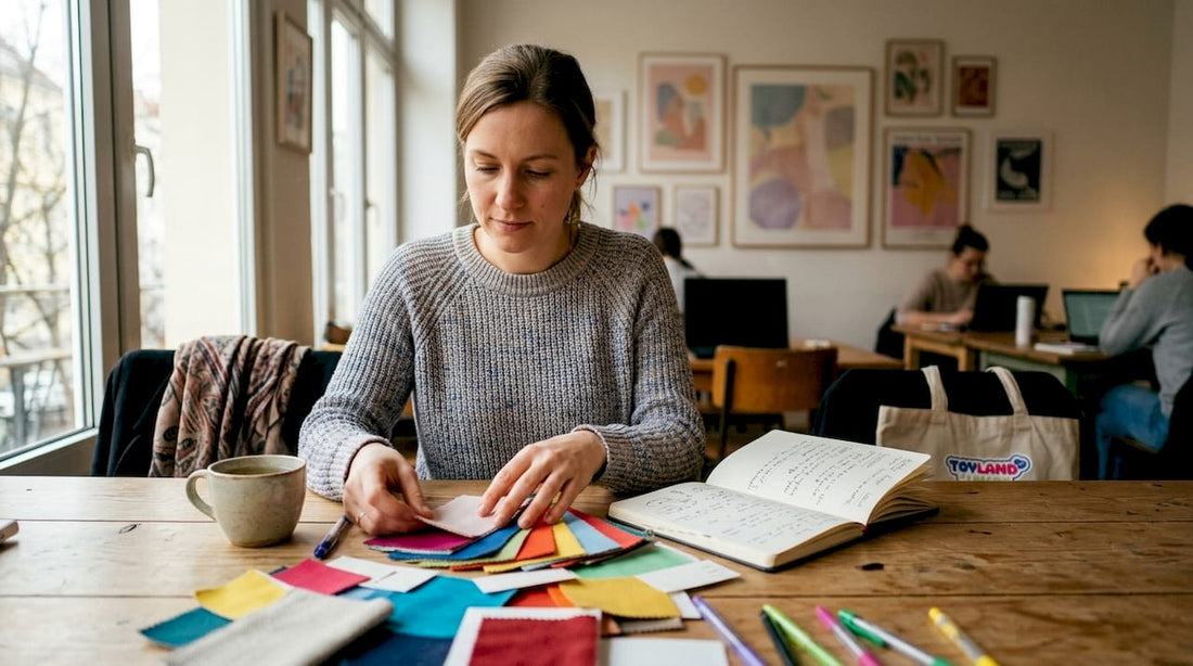 Psychologist arranging color swatches at desk
