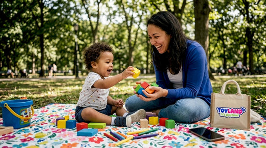Mother and child playing with colorful blocks at kitchen table