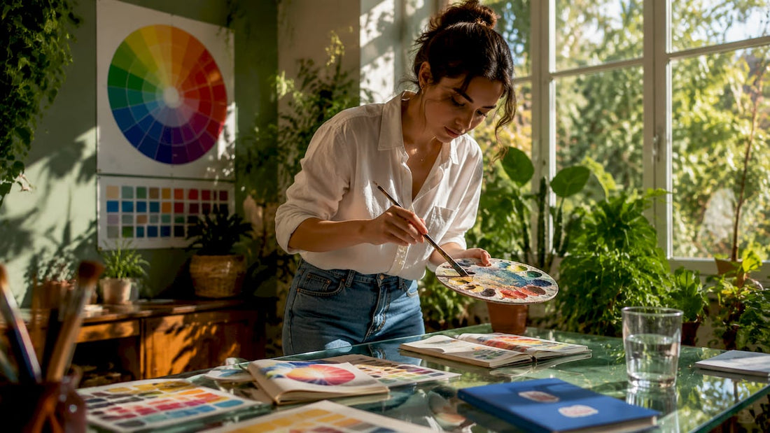 Designer mixing paints with color guides in studio
