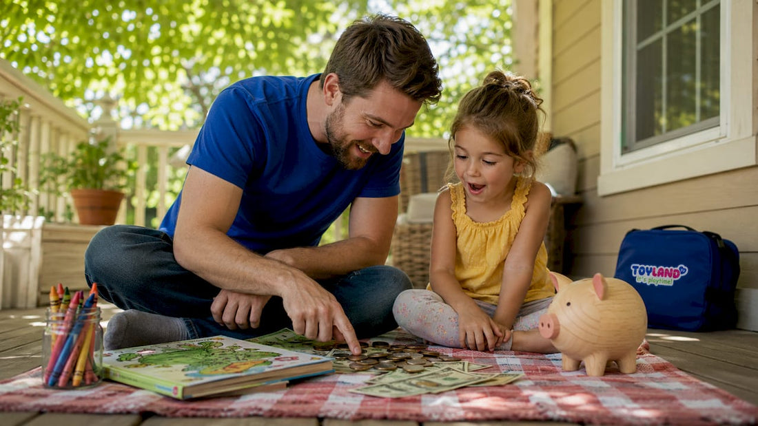 Parent teaching child about allowance with coins