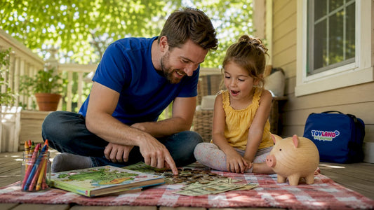 Parent teaching child about allowance with coins