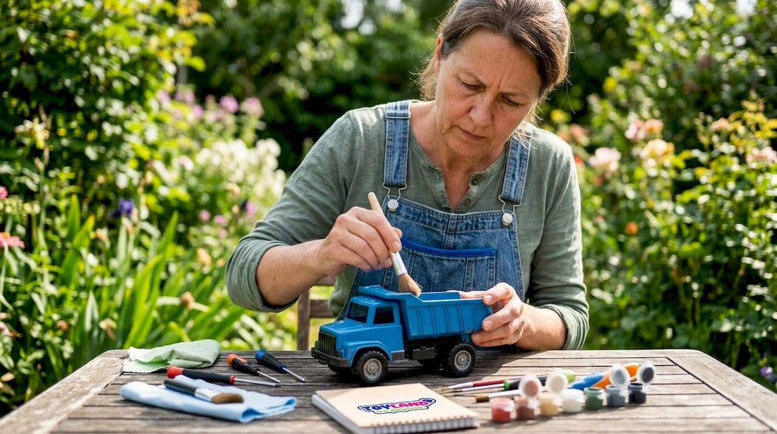 Woman cleaning vintage toy at home workbench