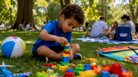 Boy playing with assorted toys on rug