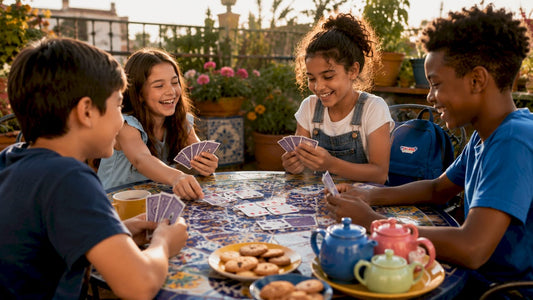 Children playing teatime card games around table