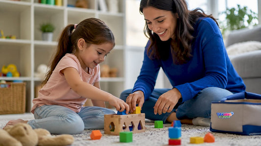 Mom and toddler playing music at home