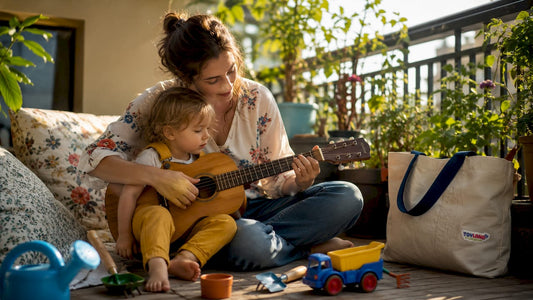 Mother calming toddler with guitar music