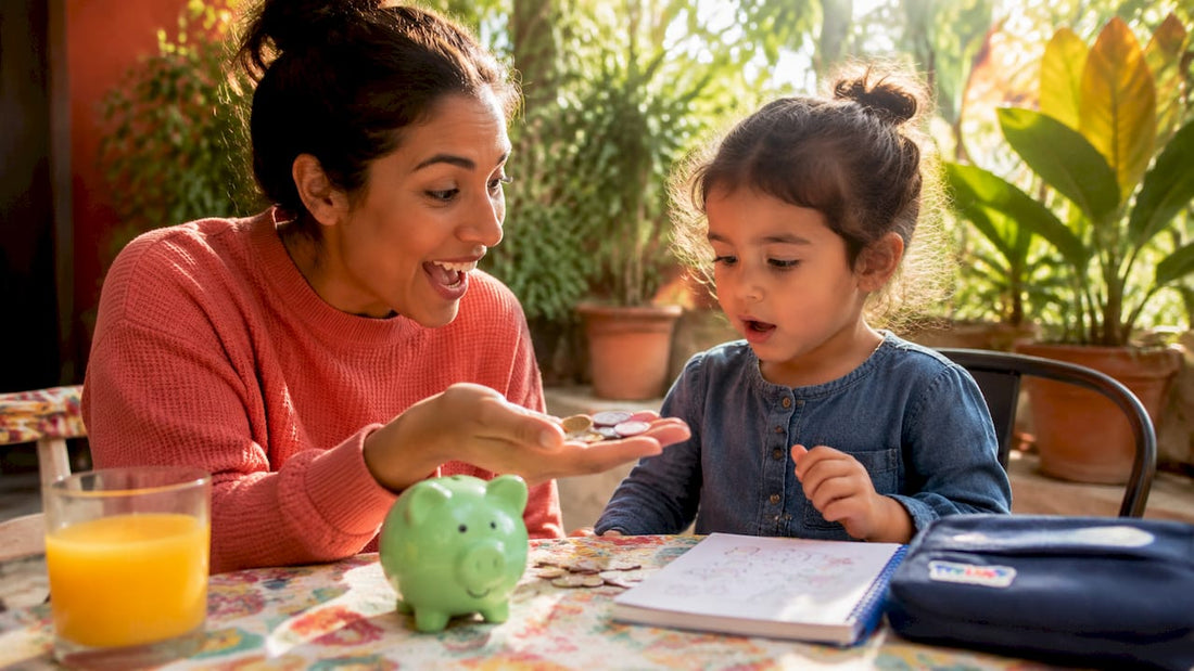 Parent giving allowance to child at table