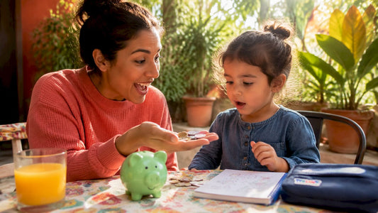 Parent giving allowance to child at table
