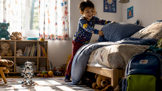 6-year-old making bed in bright bedroom