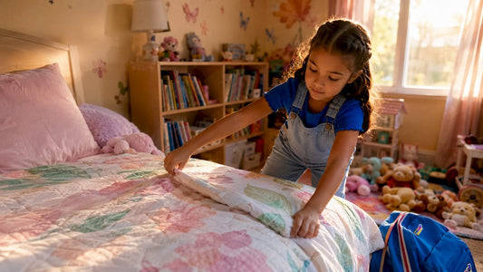 7-year-old girl making her bed in bedroom