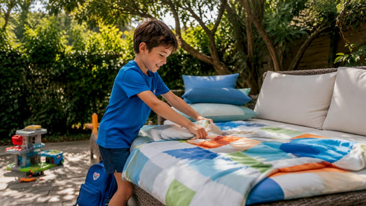 8-year-old making bed at home