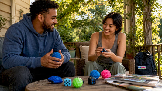 Adults using stress relief toys at living room table