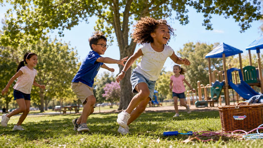 Children actively playing tag outdoors
