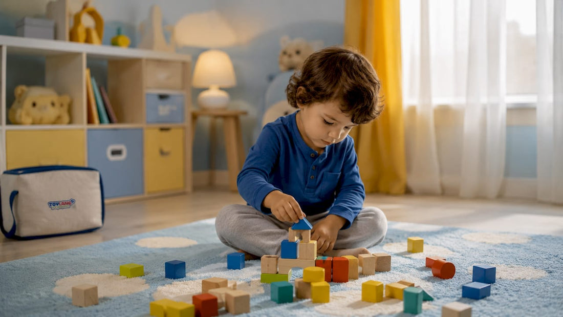 Child playing calmly in lavender sage bedroom