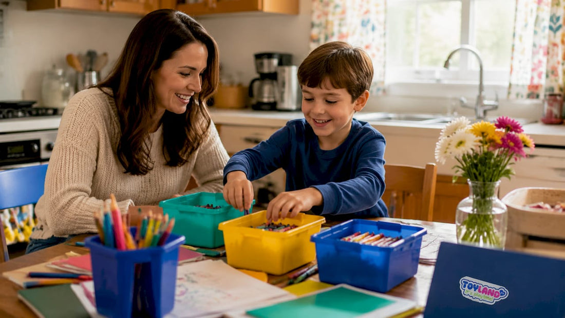 Mother and child tidying living room toys
