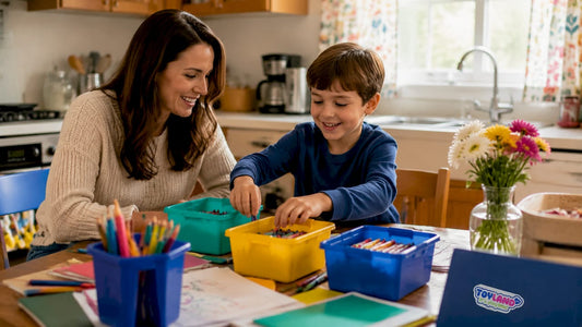 Mother and child tidying living room toys