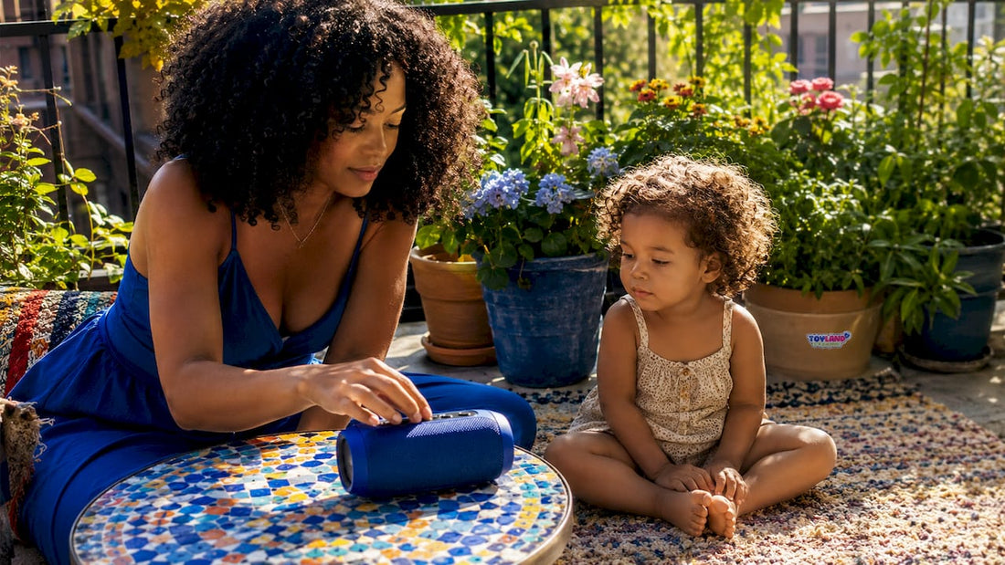 Mother playing calming music for toddler