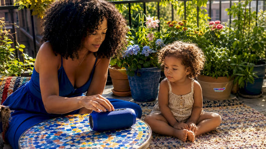 Mother playing calming music for toddler