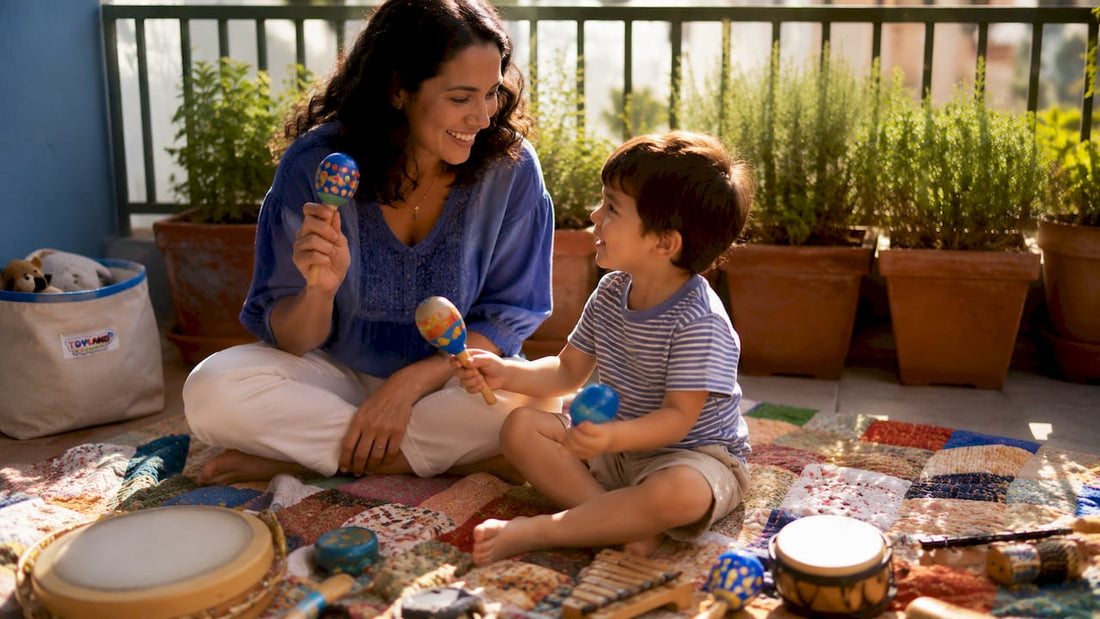 Mother and son playing tambourine together