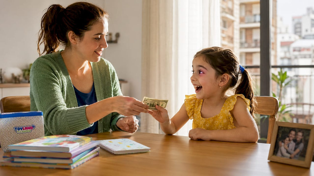 Mother giving allowance to young son at kitchen table