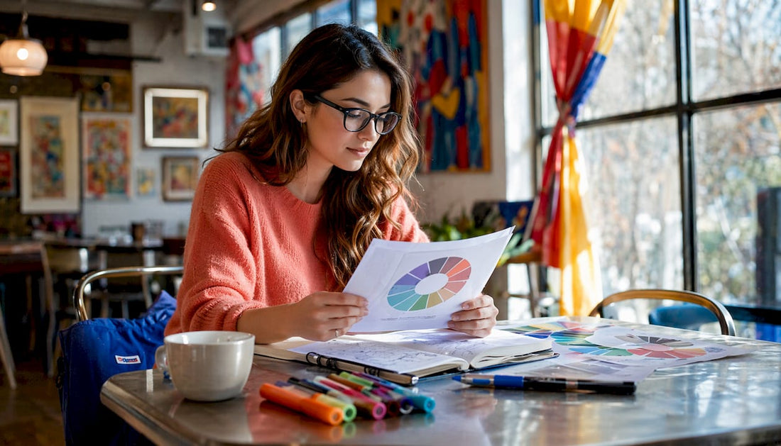 Psychologist reviewing color psychology materials at home office