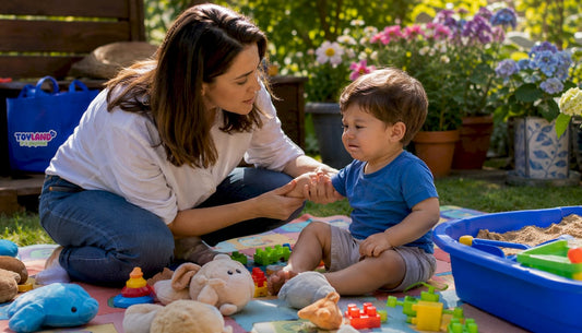 Mother calmly comforting toddler after hitting