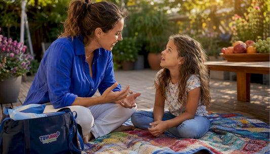Mother gently teaching daughter humility at home