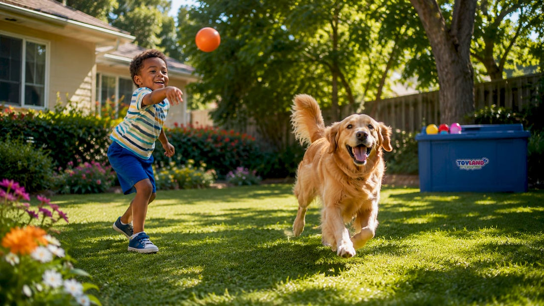 Child playing with golden retriever indoors