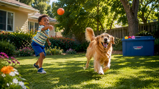Child playing with golden retriever indoors