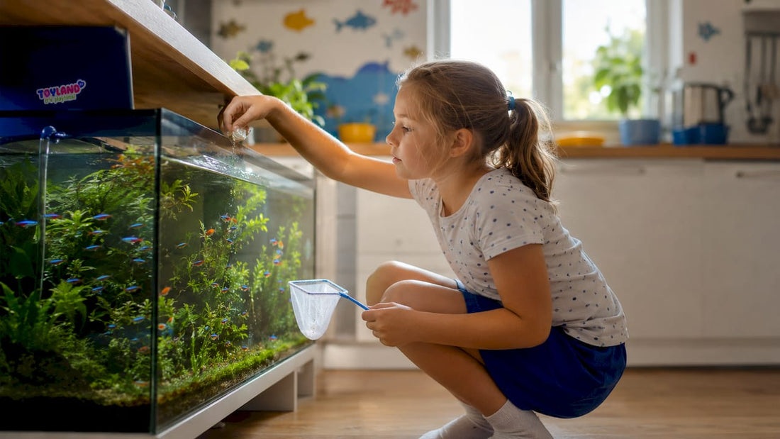 Child feeding colorful pet fish in aquarium