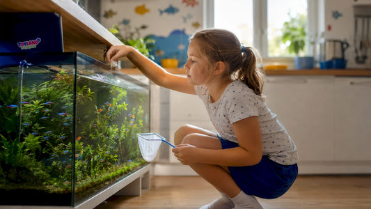 Child feeding colorful pet fish in aquarium