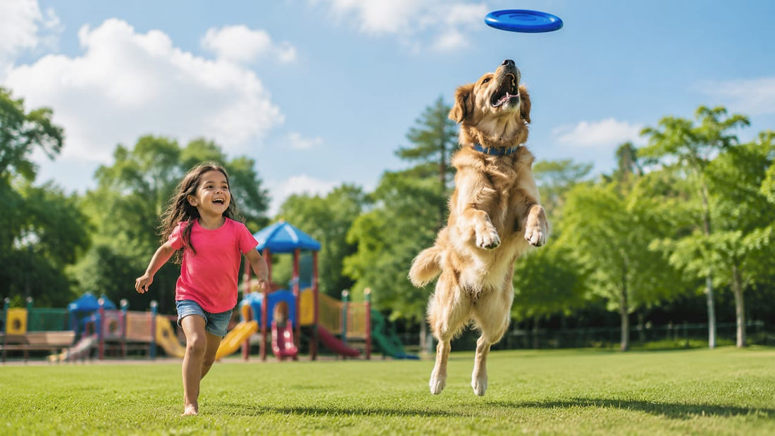 Child playing fetch with golden retriever outdoors