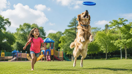 Child playing fetch with golden retriever outdoors