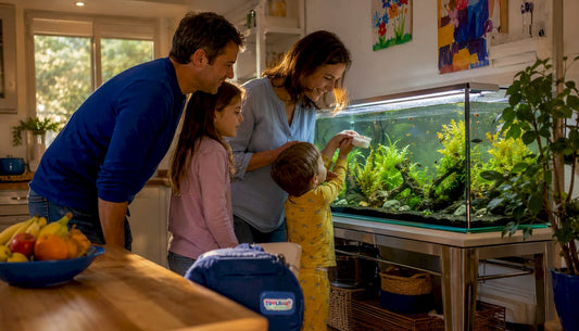 Family feeding fish in home aquarium