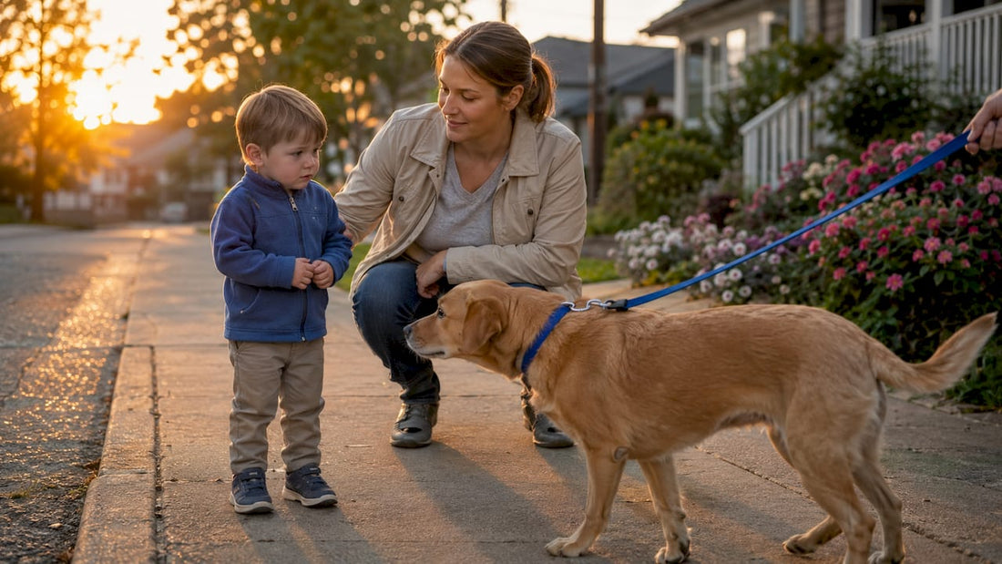 Child hesitantly facing dog with parent nearby