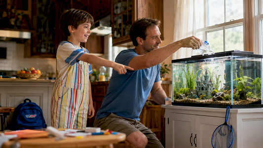 Child and parent setting up live aquarium tank