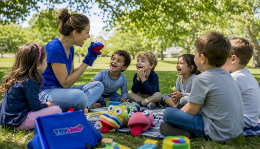 Teacher using hand glove and sock puppets with kids