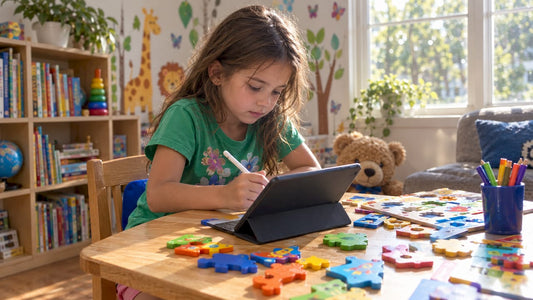 Young girl using interactive educational game