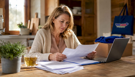 Woman reviewing toy store safety and shipping documents